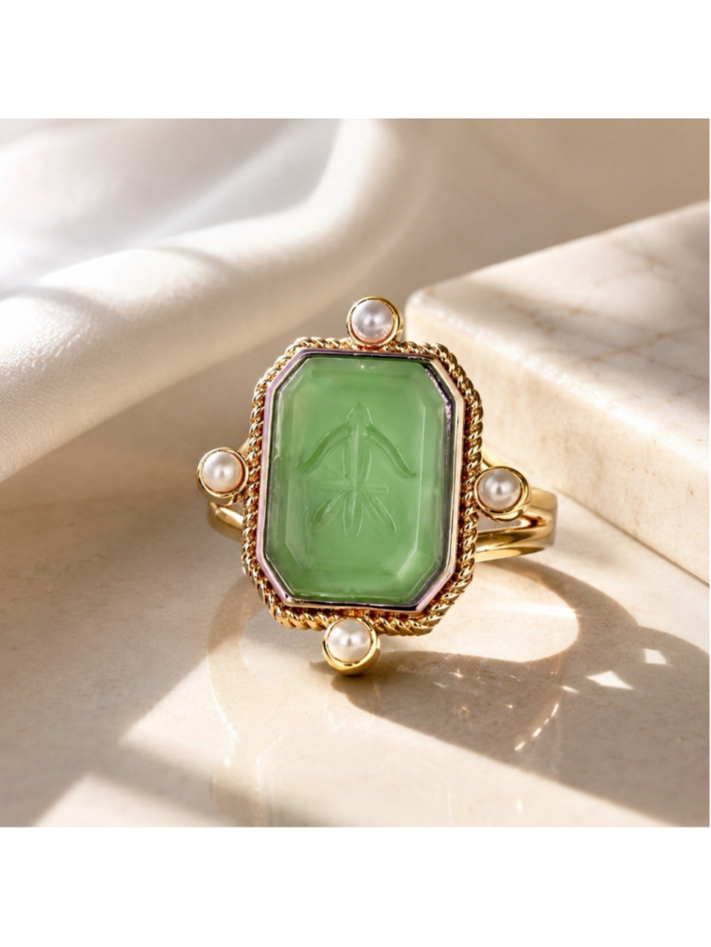 Museum Floral Intaglio Ring Sz 7 Pearl Gold Cameo Flower Geometric Boho VTG Art